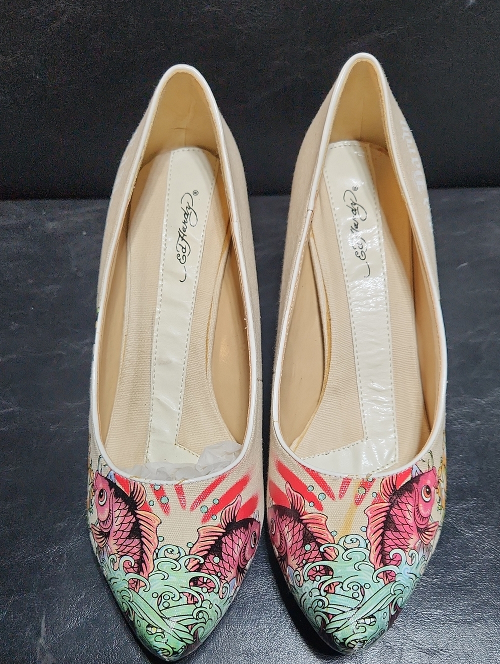 Ed Hardy White Canvas Koi & Floral Printed Pump